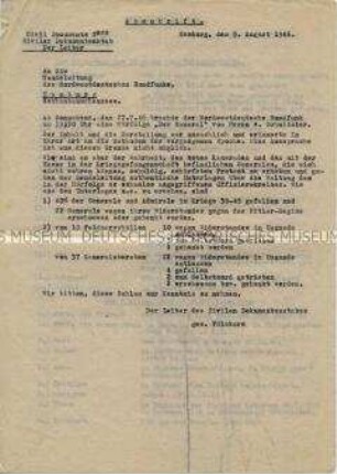 Schreiben des Zivilen Dokumentenstabes über die Verluste der deutschen Generalität im Zweiten Weltkrieg als Reaktion auf eine Rundfunksendung des Nordwestdeutschen Rundfunks, beigefügt zwei Informationszusammenstellungen des Zivilen Dokumentenstabs