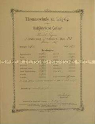 Schulzeugnis der Thomasschule Leipzig für Ernst Heinrich Degen, Klasse IIAa; Ostern 1887