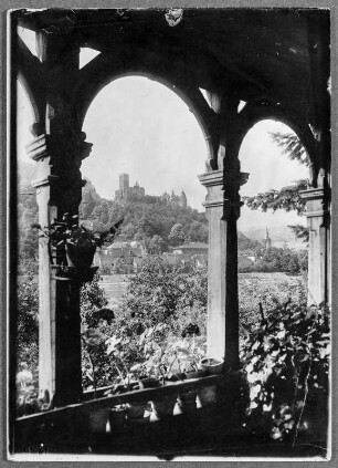 Blick auf die Burg Wertheim von einer Veranda
