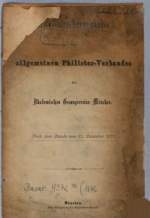 Mitglieder-Verzeichnis des Allgemeinen Philister-Verbandes des Academischen Gesangvereins München, 1876, 31. Dez.