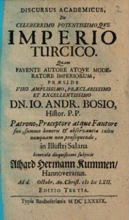 Discursus academicus de ... imperio Turcico