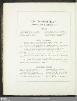 Gedächtnisfeier : Mittwoch, Den 22. Okotober 1919