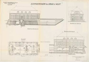 Kanal Datteln-Hamm-Lippstadt. Elektrizitätswerk nebst Lippewehr und Kanalschleuse, Hamm: Elektrizitätswerk: Ansichten, Grundriss 1:100