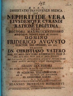 Diss. inaug. med. de nephritide vera, eiusdemque curandi ratione legitima