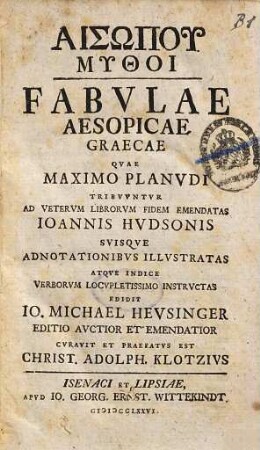 Aisōpu Mythoi : = Fabvlae Aesopicae Graecae