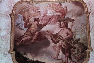 Herkules bringt Eurystheus die Äpfel der Hesperiden, rechts der getötete Drache Ladon