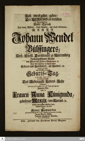 Carmen von Jacob David Essich und Johann Christoph Bürcklin zum 70. Geburtstag von Johann Wendel Bülfinger.