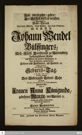 Carmen von Jacob David Essich und Johann Christoph Bürcklin zum 70. Geburtstag von Johann Wendel Bülfinger.