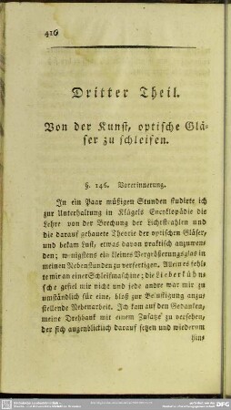 Dritter Theil. Von der Kunst, optische Gläser zu schleifen