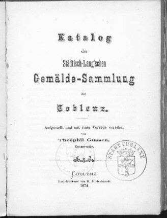 Katalog der Städtisch-Lang'schen Gemälde-Sammlung zu Coblenz