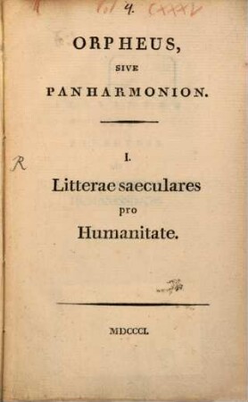 Orpheus sive Panharmonion : Litterae saeculares pro humanitate