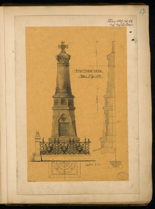 Gefallenendenkmal, Calau Monatskonkurrenz Juni 1877: 2 Grundrisse (2 Ebenen), Aufriss Vorderansicht, Querschnitt (halb); 1:20