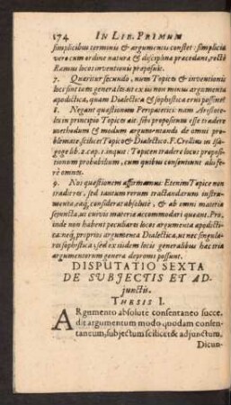 Disputatio Sexta De Subjectis Et Adjunctis.