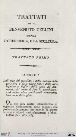 Trattati di M. Benvenuto Cellini sopra l'oreficeria, e la scultura