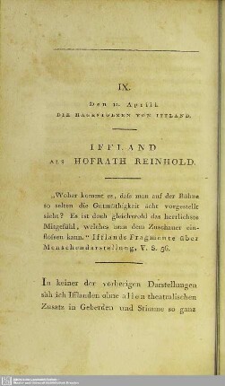 IX. Den 11. Aprill. Die Hagestolzen Von Iffland. Iffland Als Hofrath Reinhold