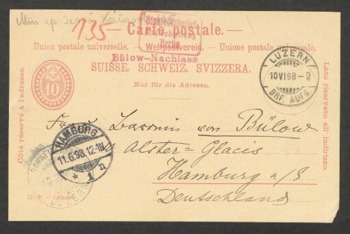 Postkarte an Marie von Bülow : 10.06.1898