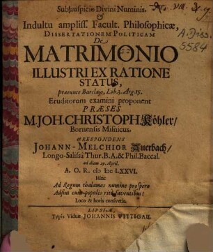 Dissertationem politicam de matrimonio illustri ex ratione status : praeeunte Barclaio, lib. 3. arg. 15 ...