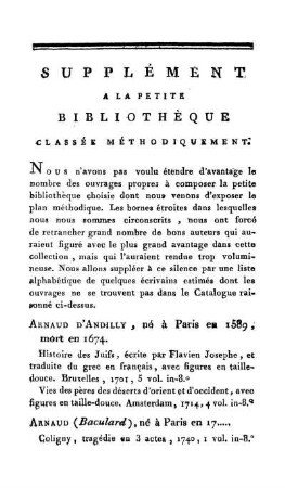 Supplément A La Petite Bibliothèque Classée Méthodiquement.