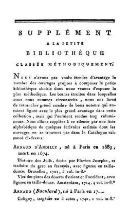 Supplément A La Petite Bibliothèque Classée Méthodiquement.