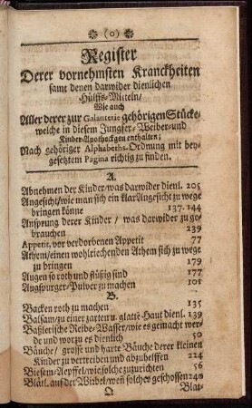 Register Derer vornehmsten Kranckheiten[...]