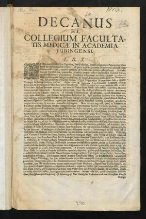 Decanus Et Collegium Facultatis Medicae In Academia Tubingensi L. B. S.