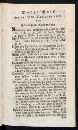Verzeichnis der neuesten Verlagsartikel der Schwanischen Buchhandlung.