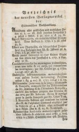 Verzeichnis der neuesten Verlagsartikel der Schwanischen Buchhandlung.