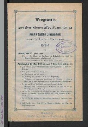 Programm der zweiten Generalversammlung des Bundes deutscher Frauenvereine 1896 in Cassel