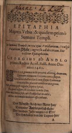 Urbis Basil[eae] epitaphia et inscriptiones omnium templorum, curiae, academ. et aliar. aedium public. : Lat. et Germ. ; Quibus Reliquarum Orbis Urbium Monumenta et Inscriptiones selectiss. et elegantiss. accesserunt