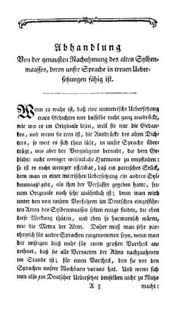 Von der genausten Nachahmung des alten Sylbenmaasses, deren unsre Sprache in treuen Uebesetzungen fähig ist