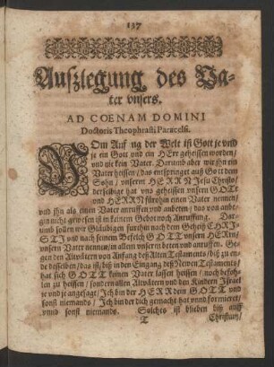 Auszlegung des Vater unsers. Ac Coenam Domini Doctoris Theophrasti Paracelsi.