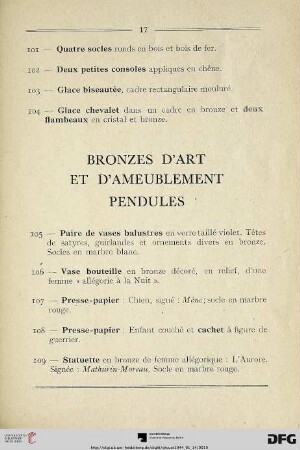 Bronzes d’art et d’Ameublement – Pendules (Nr. 105-127)