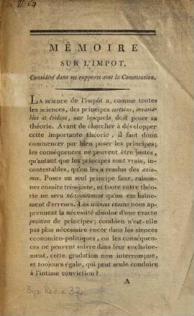 Mémoire sur l'impôt considéré dans ses rapports avec la constitution