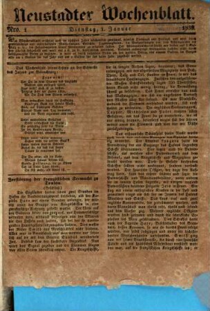 Neustadter Wochenblatt : Organ zur volksthümlichen Besprechung der Tages-Ereignisse, zur Unterhaltung, sowie zur Veröffentlichung von Anzeigen etc.. 1839