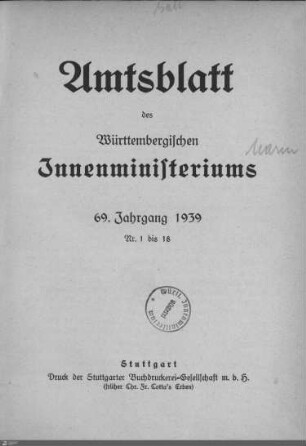 69.1939: Innenministerium, Amtsblatt 1939