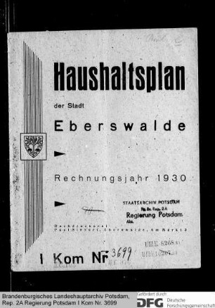 Haushaltsplan der Stadt Eberswalde für das Rechnungsjahr 1930