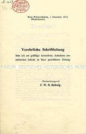 Verehrliche Schriftleitung - Zeitungsaufruf der Nationalstiftung für die Hinterbliebenen der im Kriege Gefallenen