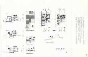 Dorfzentrum, Euböa-Styra (Diplomarbeit bei Bernhard Hermkes): Typ E3, Grundrisse, Dachaufsicht, Ansichten von Osten, Westen, Norden und Schnitte 1:100