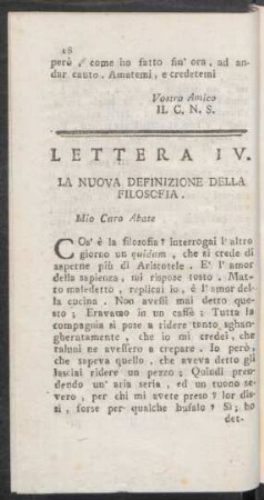 Lettera IV. La Nuova Definizione Della Filosofia