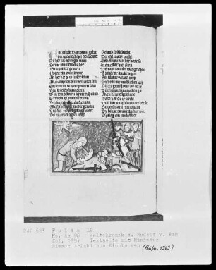 Rudolf von Ems, Weltchronik — Simson trinkt aus dem Eselskinnbacken, Folio 195verso