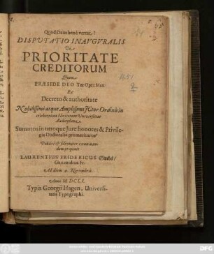 Disputatio Inauguralis De Prioritate Creditorum