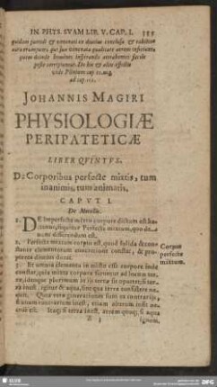 Liber Quintus De Corporibus perfecte mixtis, tum inanimis, tum animatis