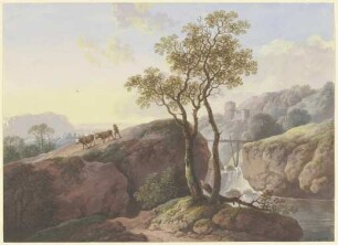 Landschaft mit einem Wasserfall, über den ein Steg führt, links treibt ein Bauer zwei Kühe zu Tal, im Hintergrund eine Ruine
