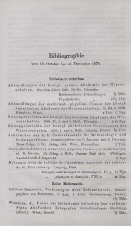 Bibliographie vom 16. October bis 31. December 1870.