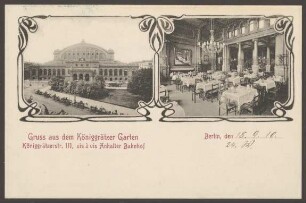 Ansichtskarte "Königgrätzer Garten" und Blick auf den Anhalter Bahnhof [2/2]