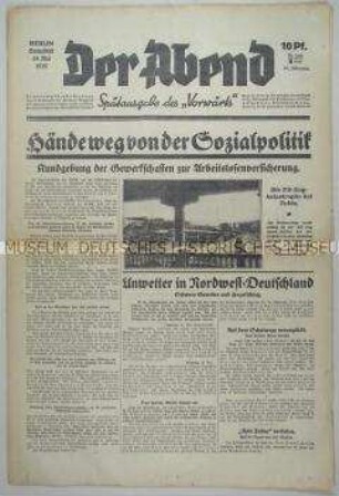 Sozialdemokratische Abendzeitung "Der Abend" u.a. zur Arbeitslosenversicherung
