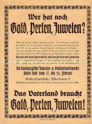 Flugblatt mit dem Aufruf zur Abgabe von Schmuckgegenständen für die Kriegsfinanzierung