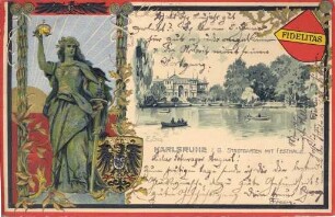 Postkartenalbum. "Karlsruhe i. B.". Stadtgartensee mit Festhalle