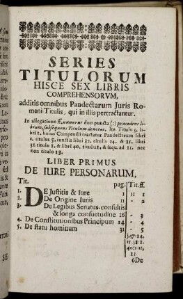 Series Titulorum Hisce Sex Libris Comprehensorum