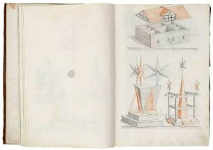 Zwei stereometrische Kompositgebilde mit quadratischem Grundriss und ein Hausmodell mit abgehobenem Dach, aus: "Perspectief Buch [...]" [Perspektivübungsbuch des 16-jährigen Kurprinzen]